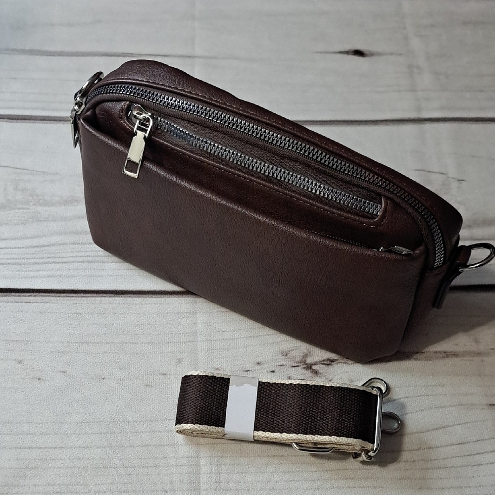 Brown Faux Leather Wide Strap Crossbody Purse